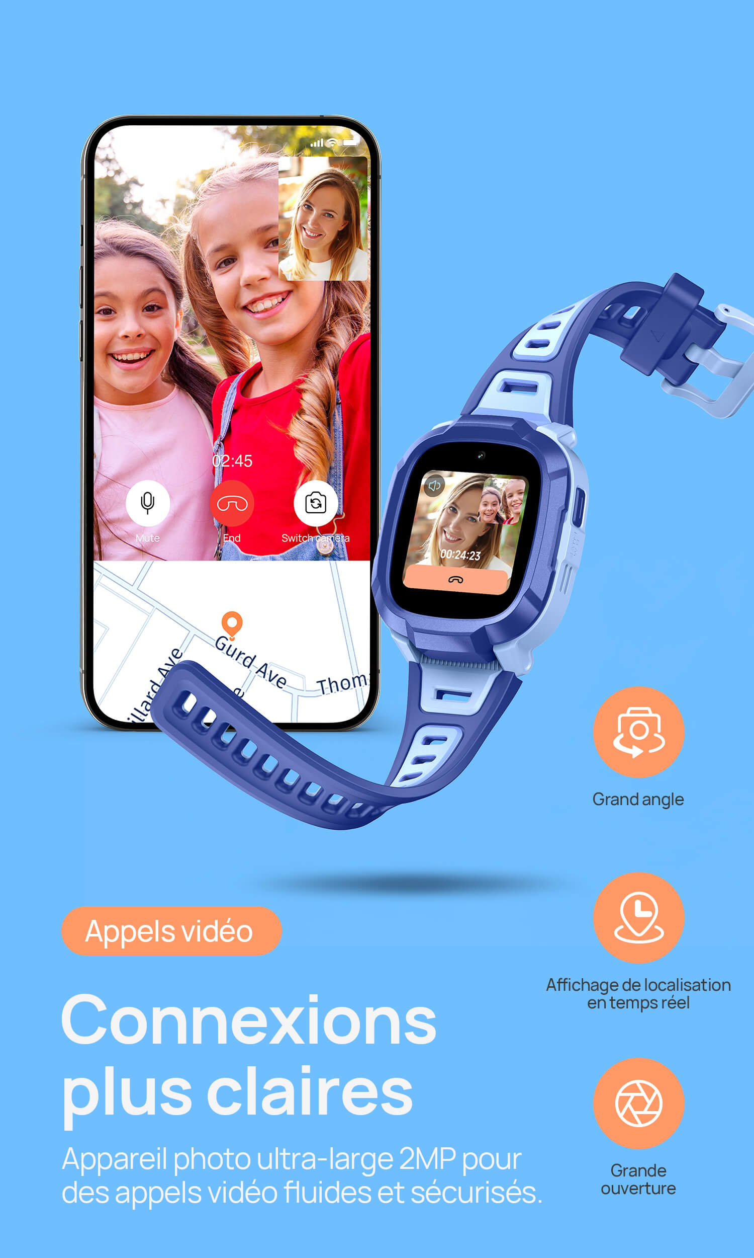 Appels vidéo
Connexions plus claires.
Appareil photo ultra-large 2MP pour des appels vidéo fluides et sécurisés.