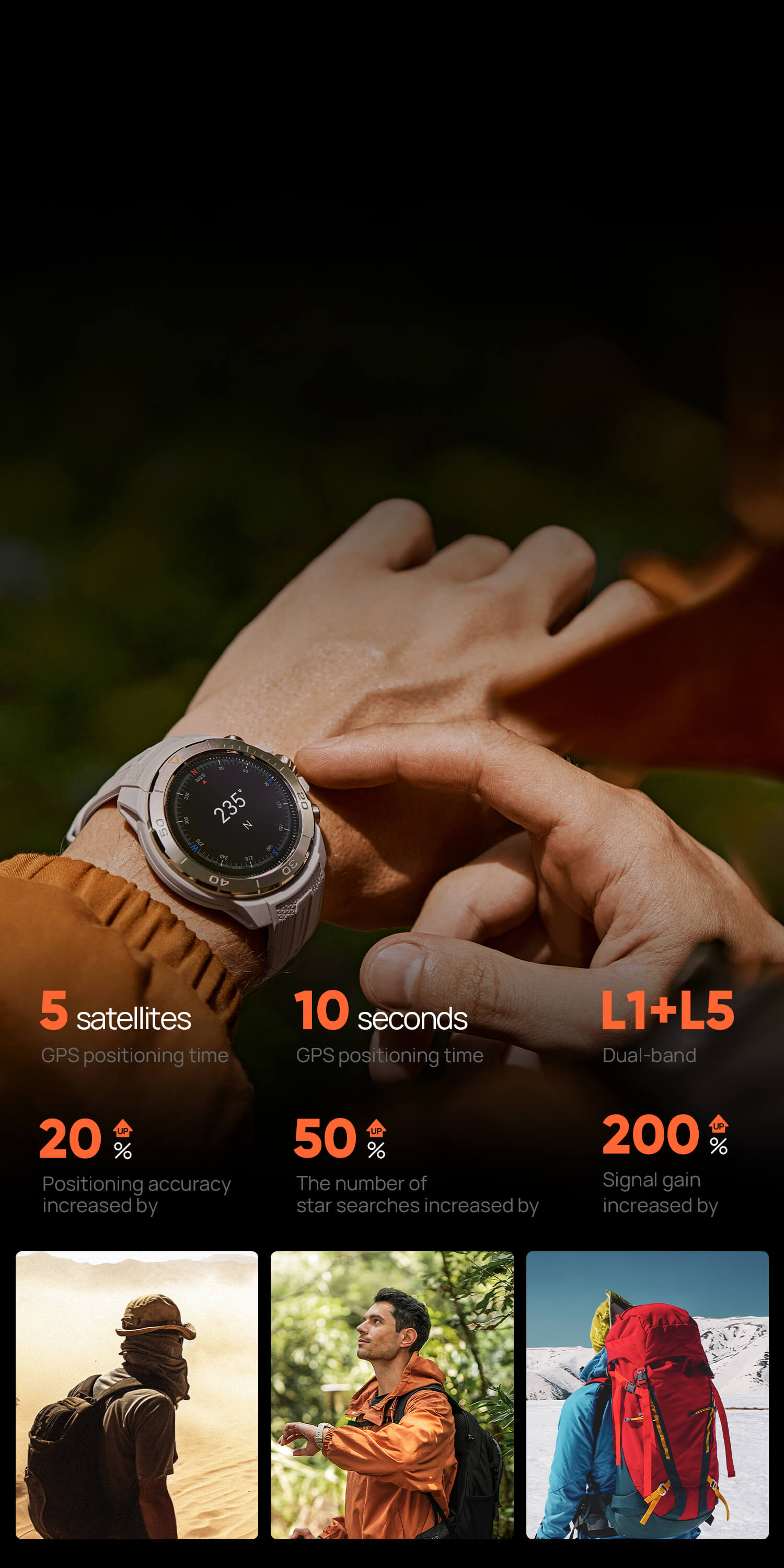 Five-satellites Dual-frequency Accurate Positioning
Built-in dual-frequency GNSS positioning chip, it supports L1+L5 GPS bands, which not only provides a wide signal range and high energy efficiency, but also makes distances and routes more accurate.