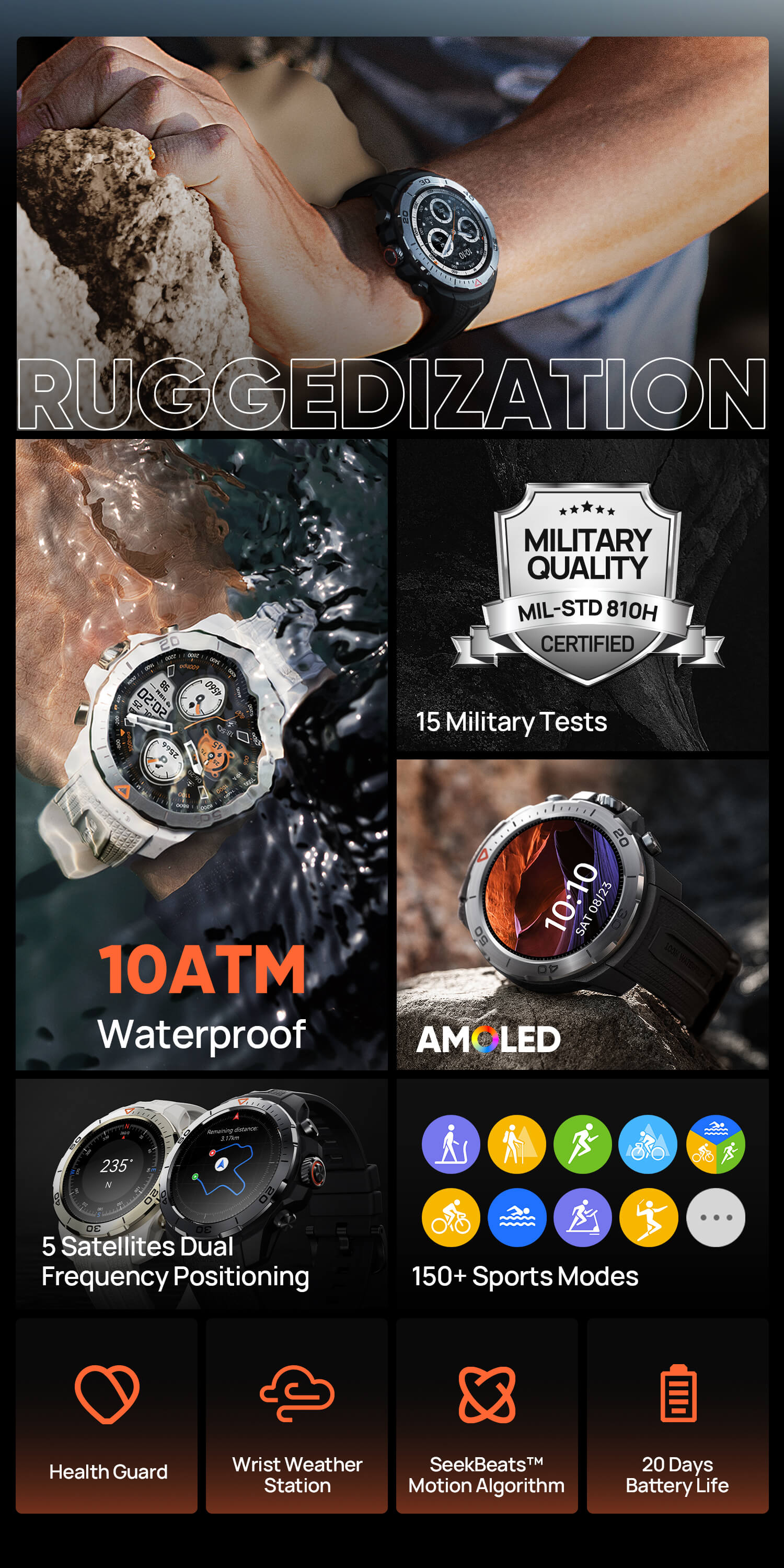 Details:
Ruggedization | 15 Military Tests | 10ATM Waterproof | AMOLED Display | 5 Satellites Dual Frequency Positioning | 150+ Sports Modes | SeekBeats™ Motion Algorithm | Wrist Weather Station | Health Guard | 20 Days Powerful Battery Life